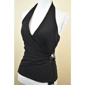 GIANNI VERSACE BLACK SILK SLEEVELESS FLOWER BROOCH TOP HALTER BLOUSE 38 ITALY